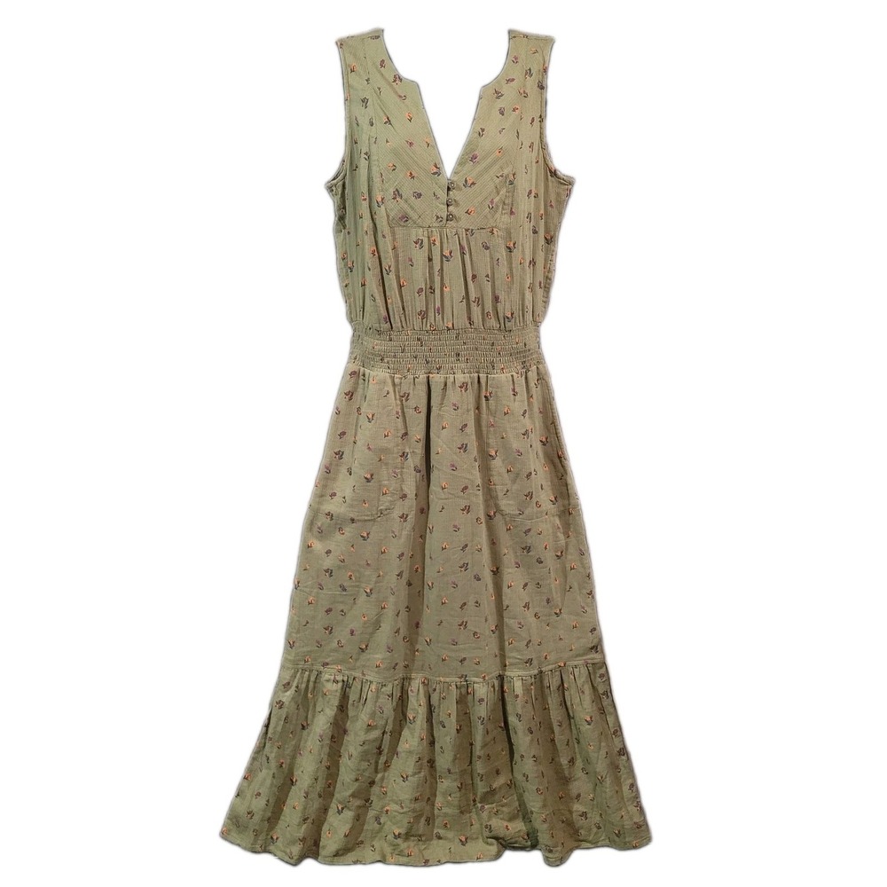prAna California Dreaming Maxi Dress Sm Green Floral Smock Waist Organic Cotton
